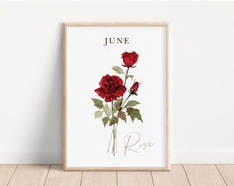 June Birth Flower Art Print Watercolor Rose Flower Print Birth Month Flower Wall Decor June Birth Rose Flower Artwork June Rose Flower Gift