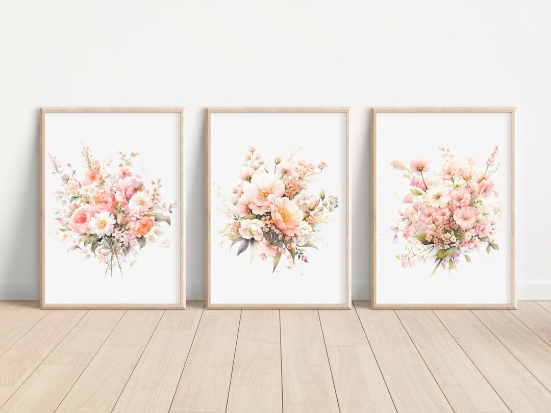Pink Blush Flower Wall Art Print Set of 3 Watercolor Pink Blush Flower ...