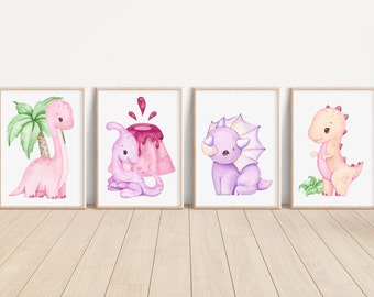 Dino Girl Nursery Prints Set of 4 Watercolor Dinosaur Art Prints Dinosaur Wall Decor Dinosaur Art Print Dinosaur for Girl Nursery Wall Decor