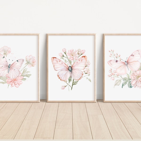 Dusty Rose Butterflies Wall Art Prints Set of 3 Watercolor Dusty Rose Butterflies Prints Dusty Rose Butterflies Nursery Decor Girl Wall Art