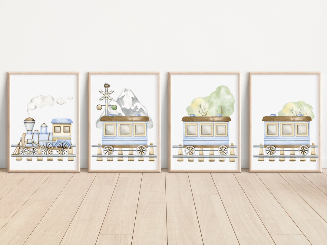 Set of 4 Watercolor Train Art Prints Nursery Train Decor Train Wall Art