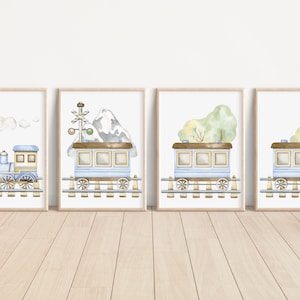 May include: A set of four watercolor illustrations featuring a blue train with brown accents. The train is on a track with a mountain, trees, and clouds in the background.