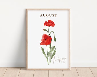 August Birth Flower Wall Art Print Watercolor Poppy Flower Print Birth Month Flower Wall Decor Poppy Flower Artwork August Poppy Flower Gift