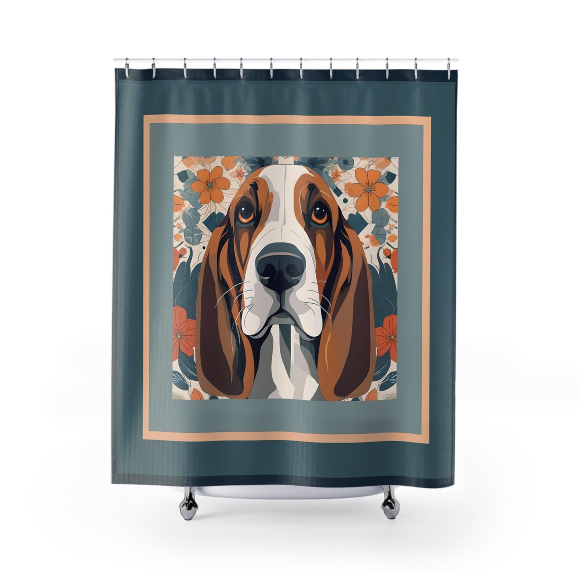 Beautiful Basset Hound With Teal and Peach Floral Delight Shower Curtain 71x74 Etsy