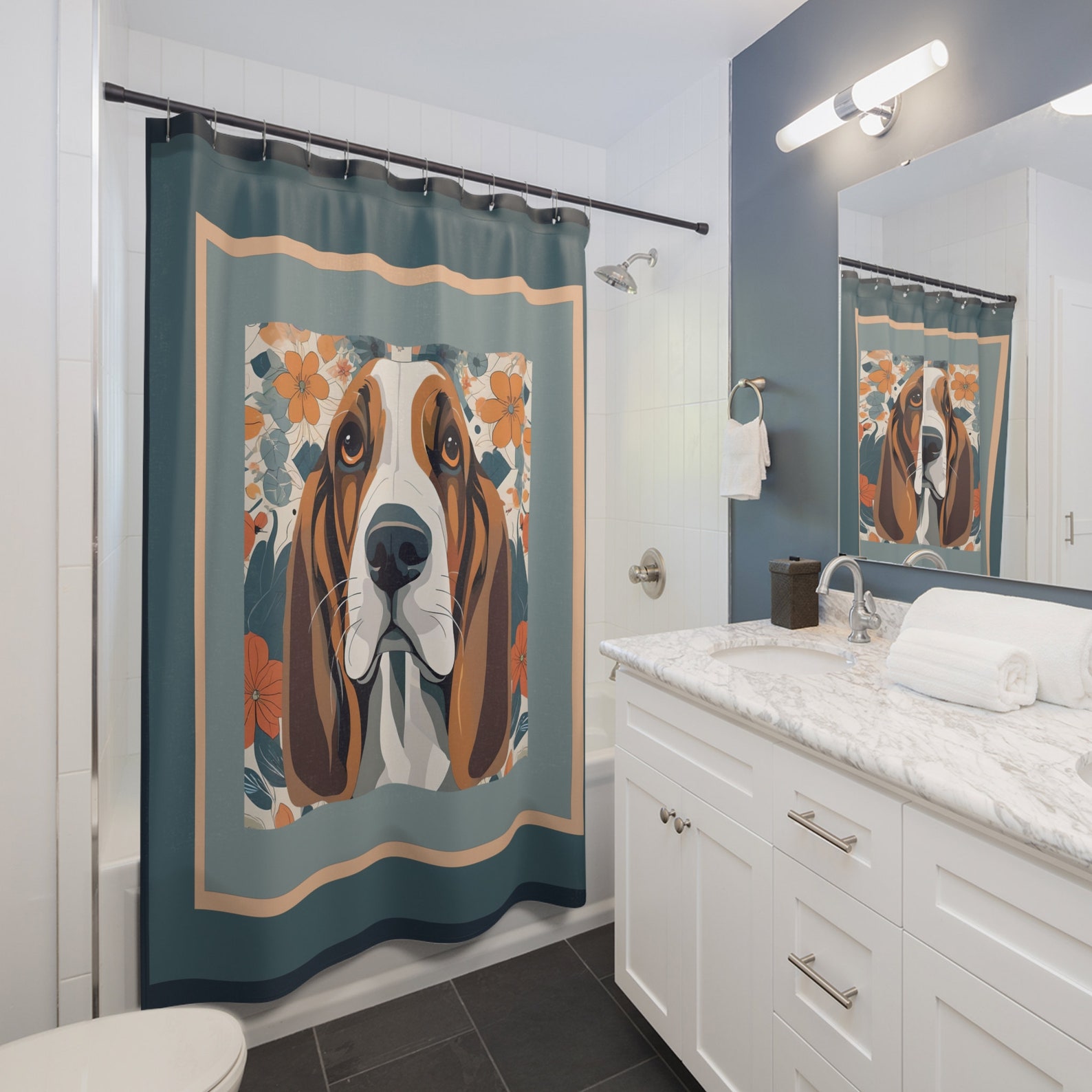 Beautiful Basset Hound With Teal and Peach Floral Delight Shower Curtain 71x74 Etsy