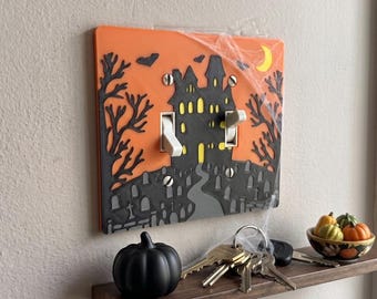 Haunted house wall decor spooky room accent light switch plate single toggle cover unique holiday gift idea Halloween craft dark gothic art