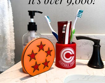 Anime inspired bathroom vanity organizer set soap dispenser stand holder desk supply container fits electric toothbrush perfect gift for him