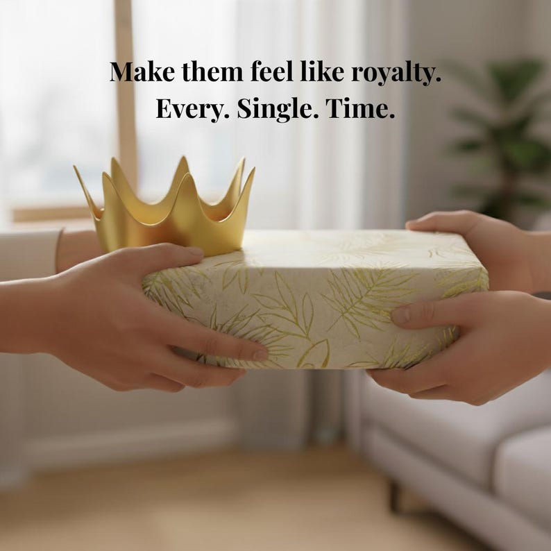 Image of two people's hands exchanging a gift, which is topped with a golden crown, set in a cozy, bright room. The scene emphasizes the joyful, regal feeling of thoughtful giving. Our custom 3D printed gifts are designed to make your loved ones feel like royalty with every unique and personalized present. Perfect for birthdays, holidays, or unique thank-you gifts. This image demonstrates the emotional value of an MBprintcraftDesigns gift.