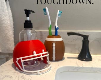 Football bathroom decor soap dispenser pump bottle holder stand desk pencil cup organizer college fan gear tailgating party gift man cave