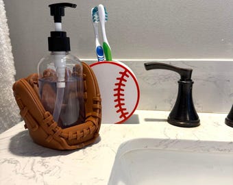 Honkbal badkamerdecoratie tandenborstelhouder, zeepdispenser in honkbalstijl, cadeau voor honkbalvader, opbergruimte voor de wastafel van een tienerjongen, honkbaluitrusting