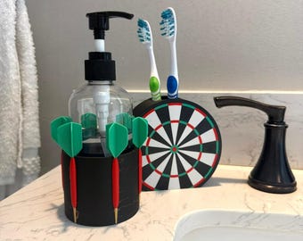 Dartboard bathroom decor set dartboard soap dispenser holder custom toothbrush stand gift for him man cave accessory organizer desk set