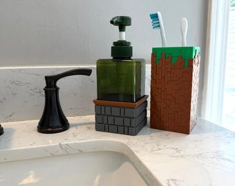 Mining gamer bathroom decor gift idea for kid room accessory soap dispenser toothbrush holder sink organization station styling project