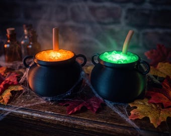 Miniature glowing cauldron boba tea light desk decor spooky witch gift Halloween potion jar magical dollhouse accessory ambient orange lamp