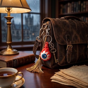 May include: A brown leather satchel featuring a metal keychain with a red and white eyeball charm, a gold-colored tassel, and a vintage-style skeleton key. The bag has a flap closure with two buckle straps and a top handle, resting on a wooden surface.