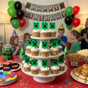 Op de afbeelding: Een witte taartstandaard met drie niveaus toont cupcakes met groene, gepixelde gezichten. Een banner met de tekst "Happy Birthday" is zichtbaar, samen met groene, zwarte en rode ballonnen. De tafel is gedekt voor een feestje.