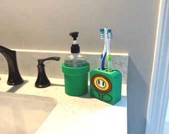 Retro Game Warp Pipe Soap Dispenser Fire Flower Toothbrush Holder Bathroom Decor Gaming Fan Gift Idea Kids Sink Geeky Home Present