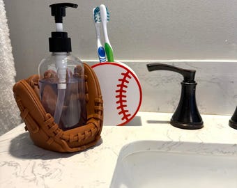 Baseball bathroom decor toothbrush holder baseball soap dispenser set gift for baseball dad teen boy bathroom sink storage baseball gear