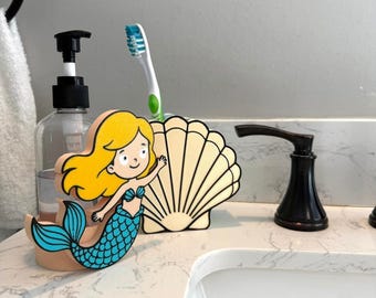 Mermaid bathroom decor set kids toothbrush holder soap dispenser bottle gift idea daughter granddaughter birthday present ocean nursery art