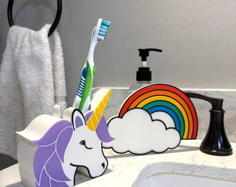 Unicorn Toothbrush Holder Rainbow Soap Dispenser Set Girl Bathroom Decor Vanity Countertop Organizer Bath Accessory Custom Birthday Gift
