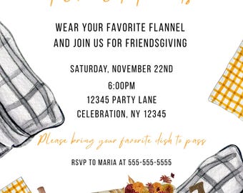 May include: An invitation for a Friendsgiving event with the text "Flannel & Friends." The design includes pumpkins, autumn leaves, and plaid patterns. The invitation asks guests to wear flannel and bring a dish.