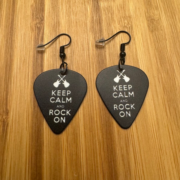 Keep calm and rock on guitar pick earrings
