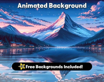 May include: An animated background featuring a mountain range with a snow-capped peak reflected in a still lake. The sky is a gradient of blue and pink with clouds and stars.  A small village with lit windows is nestled at the base of the mountains.  The text "Free Backgrounds Included!" is displayed in a yellow banner.