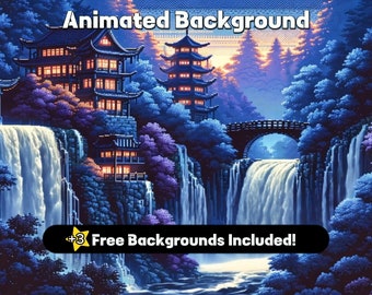 Geanimeerde achtergrondpixelkunst | Japans kasteel door waterval Twitch-overlay | Vtuber-achtergrond | Geanimeerde achtergrond | Gewoon chatscherm