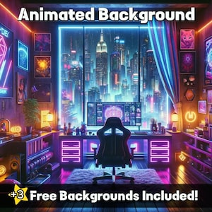 ANIMATED BACKGROUND | Neon Cyberpunk Office | Looped Purple Neon Vtuber Twitch Stream Overlay | Cozy Lofi Ambience  | Retro 80s Gaming Room