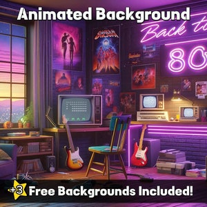 Può includere: Una stanza a tema retrò con una combinazione di colori viola e rosa. La stanza presenta un divano, una sedia, una scrivania, una televisione e due chitarre. La parete è decorata con poster e un cartello al neon che recita "Back to the 80's".