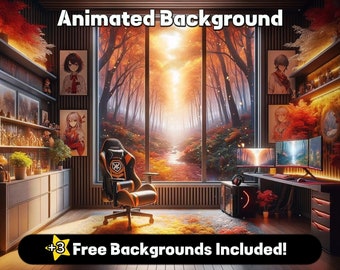 Puede incluir: Una habitación de gamer con una gran ventana que da a un bosque de otoño animado. La habitación cuenta con un escritorio negro con un monitor de computadora, una silla de juego y estantes con figuras de anime. El texto "Animated Background" y "+3 Free Backgrounds Included!" es visible en la imagen.