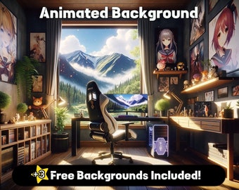 Può includere: Una scrivania per computer con una sedia da gioco, un grande monitor e un computer desktop. La scrivania è decorata con poster e figurine di anime. La finestra dietro la scrivania mostra una catena montuosa con una foresta in primo piano. Il testo "Animated Background" è in alto nell'immagine. Il testo "+3 Free Backgrounds Included!" è in basso nell'immagine.