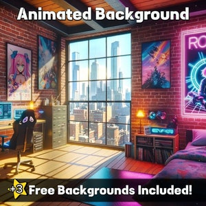 Könnte beinhalten: Ein digitaler Kunst-Hintergrund mit Blick auf die Skyline einer Stadt aus einem Loft-Apartment mit Schreibtisch, Stuhl und Bett. Die Wände sind aus Ziegeln und mit Postern und Neon-Schildern dekoriert. Der Text "ROOM" befindet sich auf einem Neon-Schild. Der Text "+3 Free Backgrounds Included!" befindet sich am unteren Rand des Bildes.