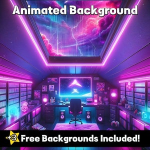 ANIMATED BACKGROUND | Stormy Cyberpunk Office | Looped Purple and Pink Neon Vtuber Twitch Stream Overlay | Cozy Lofi Ambience |
