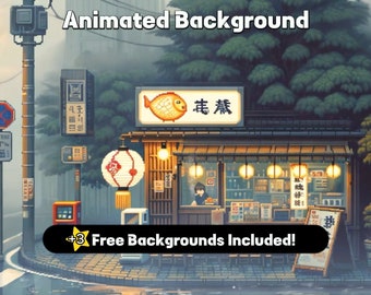 May include: A pixel art animated background featuring a Japanese street scene with a shop called "走  魚" with a fish logo. The shop has a red lantern hanging outside. The street has a stop sign and a street lamp. The background is foggy and has a blue and gray color scheme.
