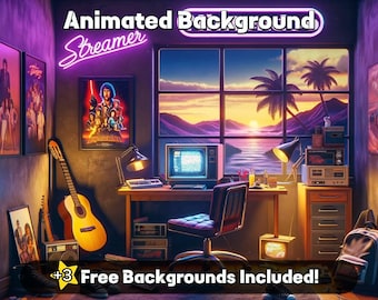 以下が含まれることがあります： レトロなテーマのストリーマー部屋で、コンピューター、ギター、ポスターが壁に飾られています。窓からは、熱帯の島の上でアニメーション化された夕焼けが見えます。テキスト「Animated Background」と「Streamer」はネオンピンクです。