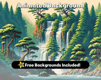 Geanimeerde achtergrondpixelkunst | Boswaterval Twitch-overlay | Gezellige Vtuber-achtergrond | Geanimeerde achtergrond | Gewoon chatscherm