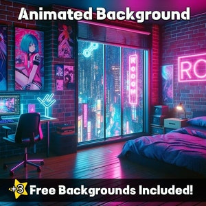 May include: A digital art background featuring a neon sign that says "ROOM" in a bedroom with a desk, a computer, a chair, and a bed. The room has a window with a view of a city skyline at night. The walls are brick and the floor is wood.