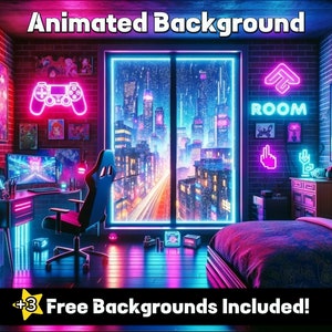 FONDO ANIMADO / Dormitorio Cyberpunk / Superposición de transmisión de Twitch de Vtuber en bucle / Ambiente acogedor de Lofi / Superposición de zoom / Cómodo fondo de anime