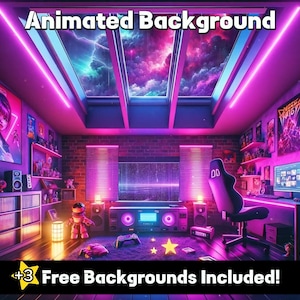ANIMATED BACKGROUND | Cyberpunk Gaming Room Stormy Night | Looped Purple and Pink Neon Vtuber Twitch Stream Overlay | Cozy Lofi Ambience
