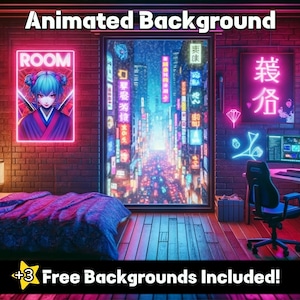 ANIMATED BACKGROUND | Neon Cyberpunk Bedroom | Looped Purple Neon Vtuber Twitch Stream Overlay | Cozy Lofi Ambience  | Retro 80s Gaming Room