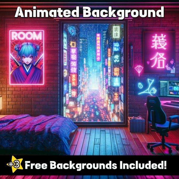ANIMATED BACKGROUND | Neon Cyberpunk Bedroom | Looped Purple Neon Vtuber Twitch Stream Overlay | Cozy Lofi Ambience  | Retro 80s Gaming Room
