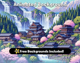 Geanimeerde achtergrondpixelkunst | Japans kasteel door waterval Twitch-overlay | Vtuber-achtergrond | Geanimeerde achtergrond | Gewoon chatscherm