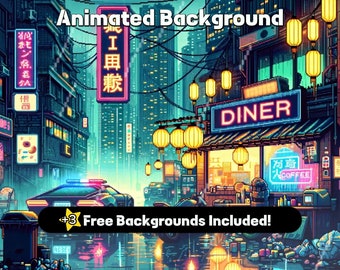 May include: A pixelated animated background featuring a cyberpunk city street scene with neon signs, a diner, and a police car. The text "Animated Background" is at the top of the image. The text "Free Backgrounds Included!" is at the bottom of the image.