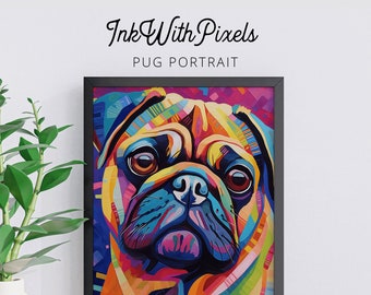 Colorful Pug Portrait Digital Print/ Pug Dog Painting/ Digital Download