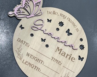 Personalized Butterfly Baby Announcement Sign, Birth Stats, Newborn Photo Prop