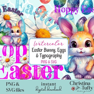 Easter Bunny PNG SVG, Easter Clip Art for sublimation, Easter Eggs Daisies Bunny Clip Art