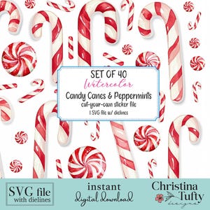 May include: A set of 40 watercolor candy canes and peppermints, perfect for cut-your-own sticker projects. The digital download includes one SVG file with dielines.