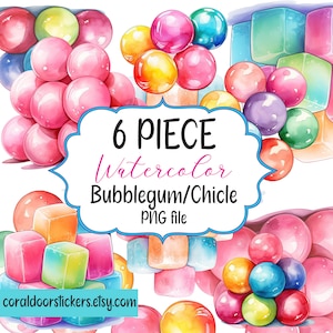 Peut inclure: Six illustrations à l'aquarelle de bonbons à la gomme et de chicles. Les bonbons sont de différentes couleurs, notamment rose, jaune, bleu, vert et violet. L'image comprend le texte "6 PIECE Watercolor Bubblegum/Chicle PNG file" et l'adresse du site Web "coraldoorstickers.etsy.com".