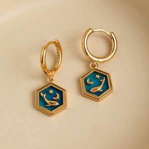 Blue agate hexagon hoop earring-Whale earring-Gold vermeil over 925 sterling silver-Star Moon earring-Unique gift -Elegant jewelry