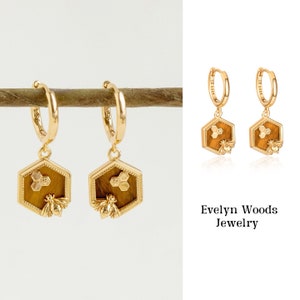 Honey Bee hexagon hoop earring-Natural tigers eye earring-Honeycomb earrings- Gold vermeil over 925 sterling silver-earring-Unique gift